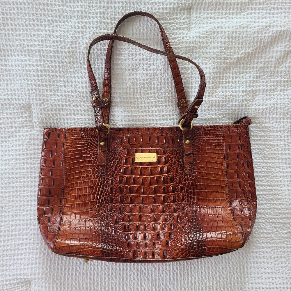 Brahmin Crocodile Embossed Brown Leather Tote Bag